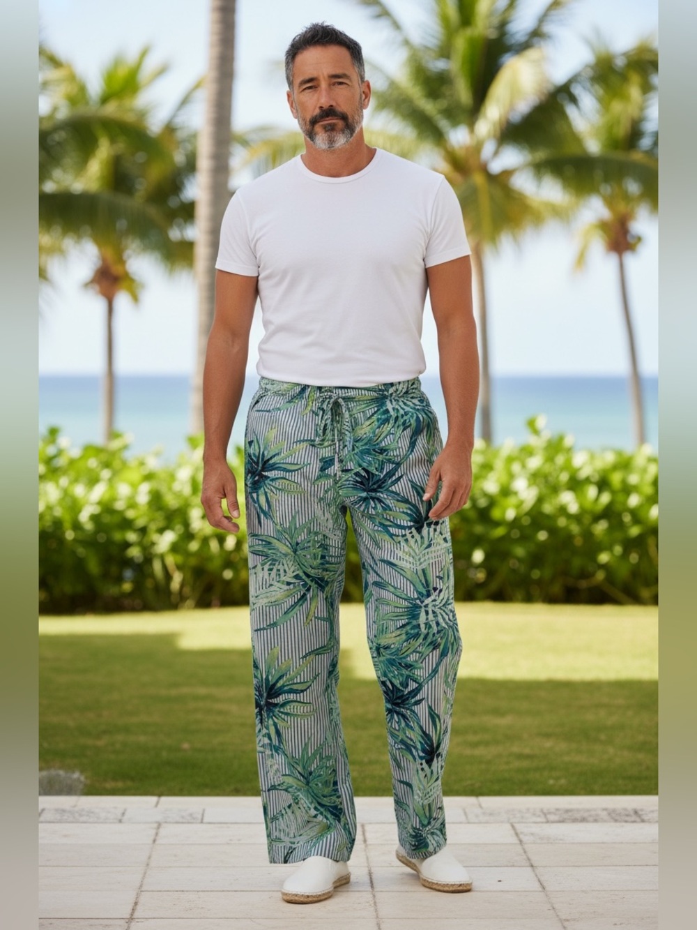 Seaplane Men’s Tropical Palm Print Lounge Pants Green Blue Striped Drawstring